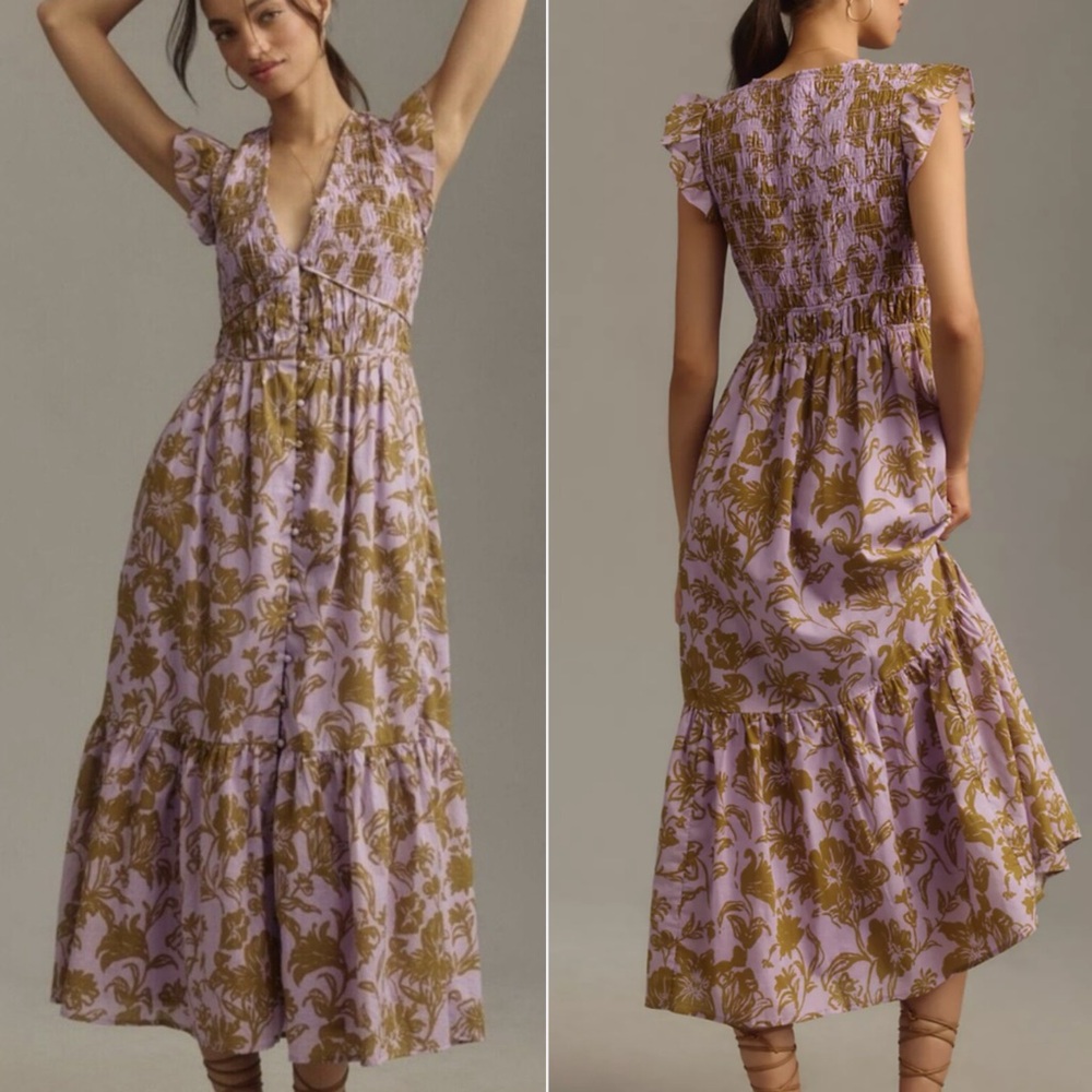 Anthropologie Peregrine Tiered Midi Dress Smocked Cottagecore Large L Purple